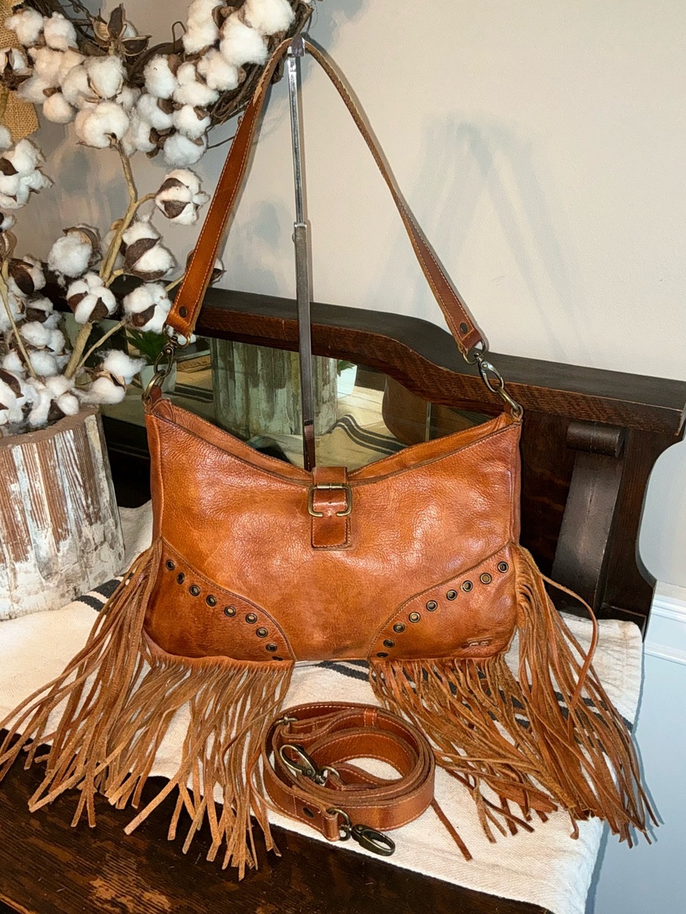 Bed Stu RARE Leather Studded Fringe Crossbody Shoulder Bag Tan Rustic